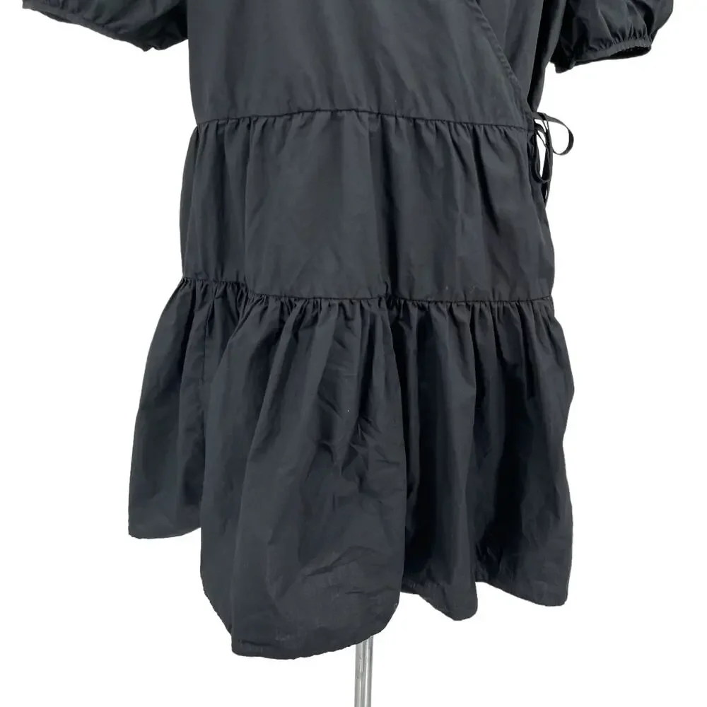 J Crew 2 pc  Black Wrap Dress & Slip Short Puff Sleeves Tiers Size Large NEW